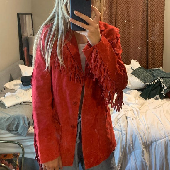 Denim & CO Red Leather Fringe Jacket XS - Picture 5 of 8